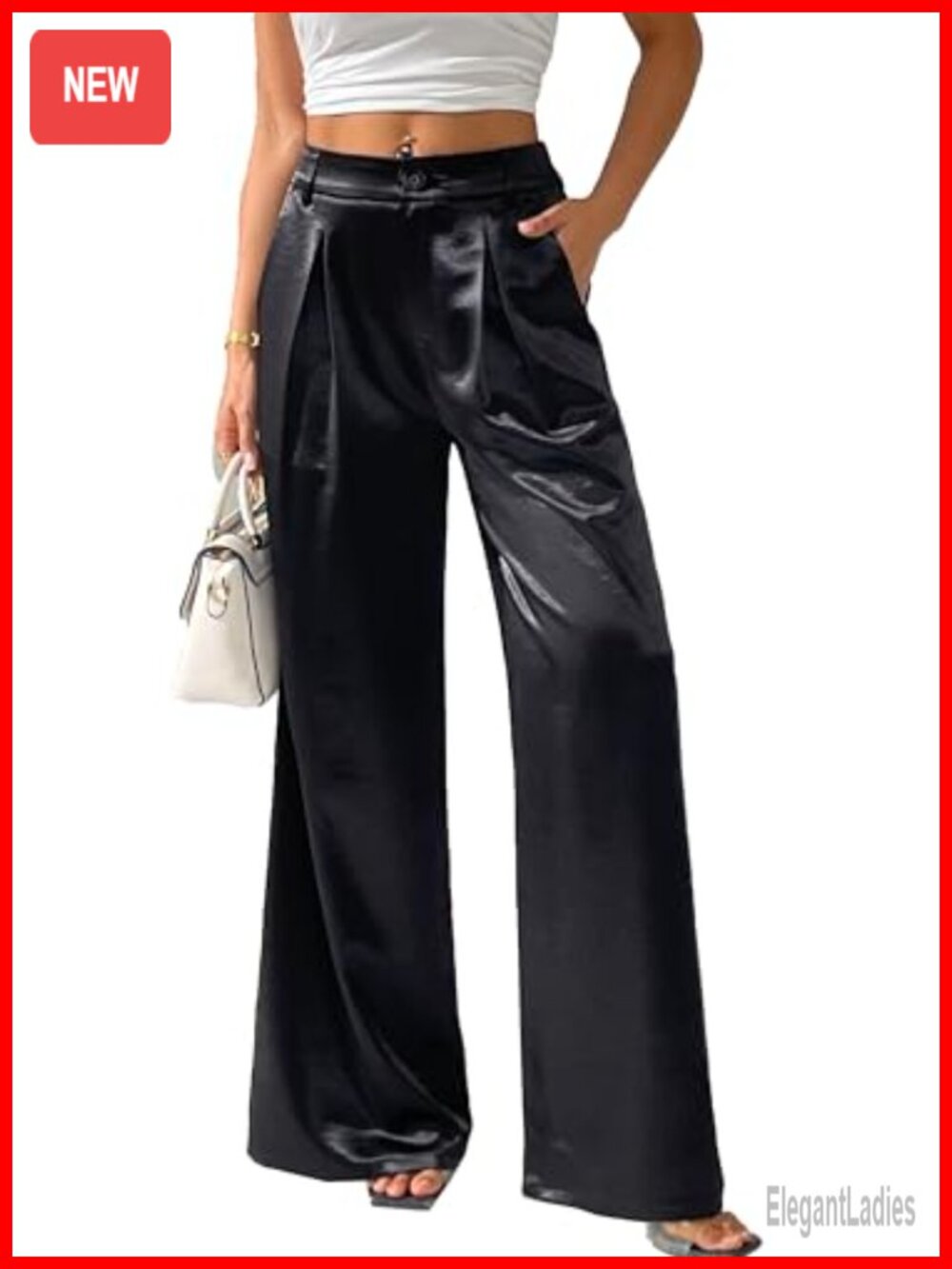 Satin Sequin Wide Leg Palazzo Pants High Waist Pleated Dressy Trousers